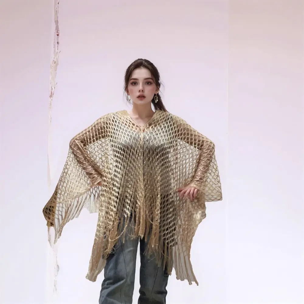 

Comfortable Tassel Sunscreen Cover-up Loose Fit Plus Size Knit Hollow Out Top Casual Crochet Bohemian Shawl Lady