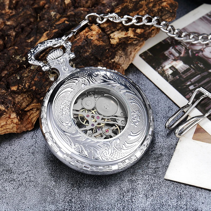 Open Face Skeleton Mechanical Pocket Watch Silver Engraved Roman Numerals Hand-Wind Clock