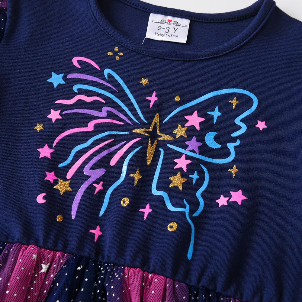 Mädchen Galaxy Stern Schmetterling Druck Langarm Tüll Prinzessinnen-Partykleid Kleinkinder Herbst Frühling Farbverlauf Ombre Marineblau Outfits – Detail 11