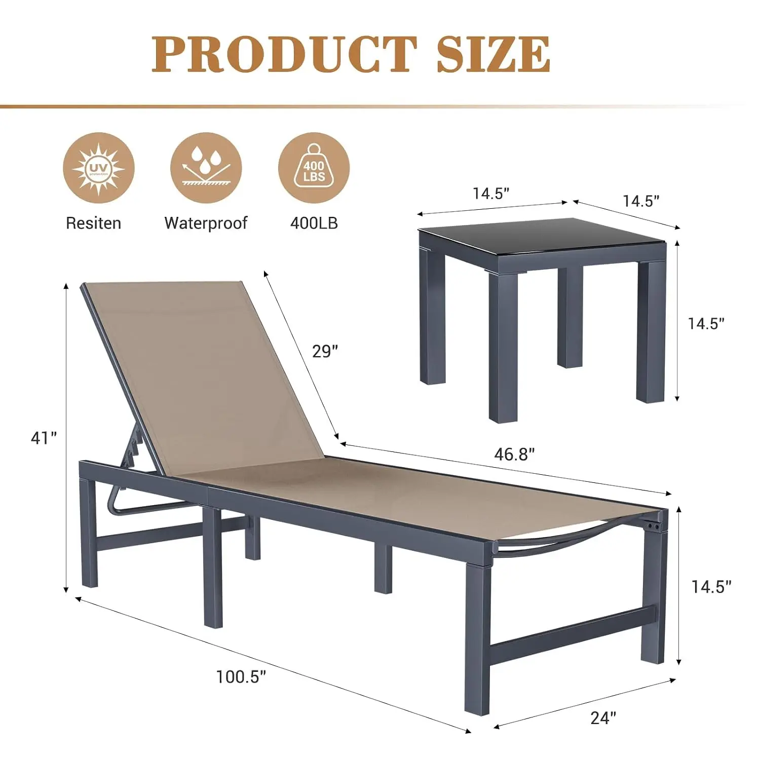 Outdoor Chaise Lounge Set 3-Piece Adjustable Backrest Poolside Sunbathing Chair for Patio Beach Yard Pool, Customized