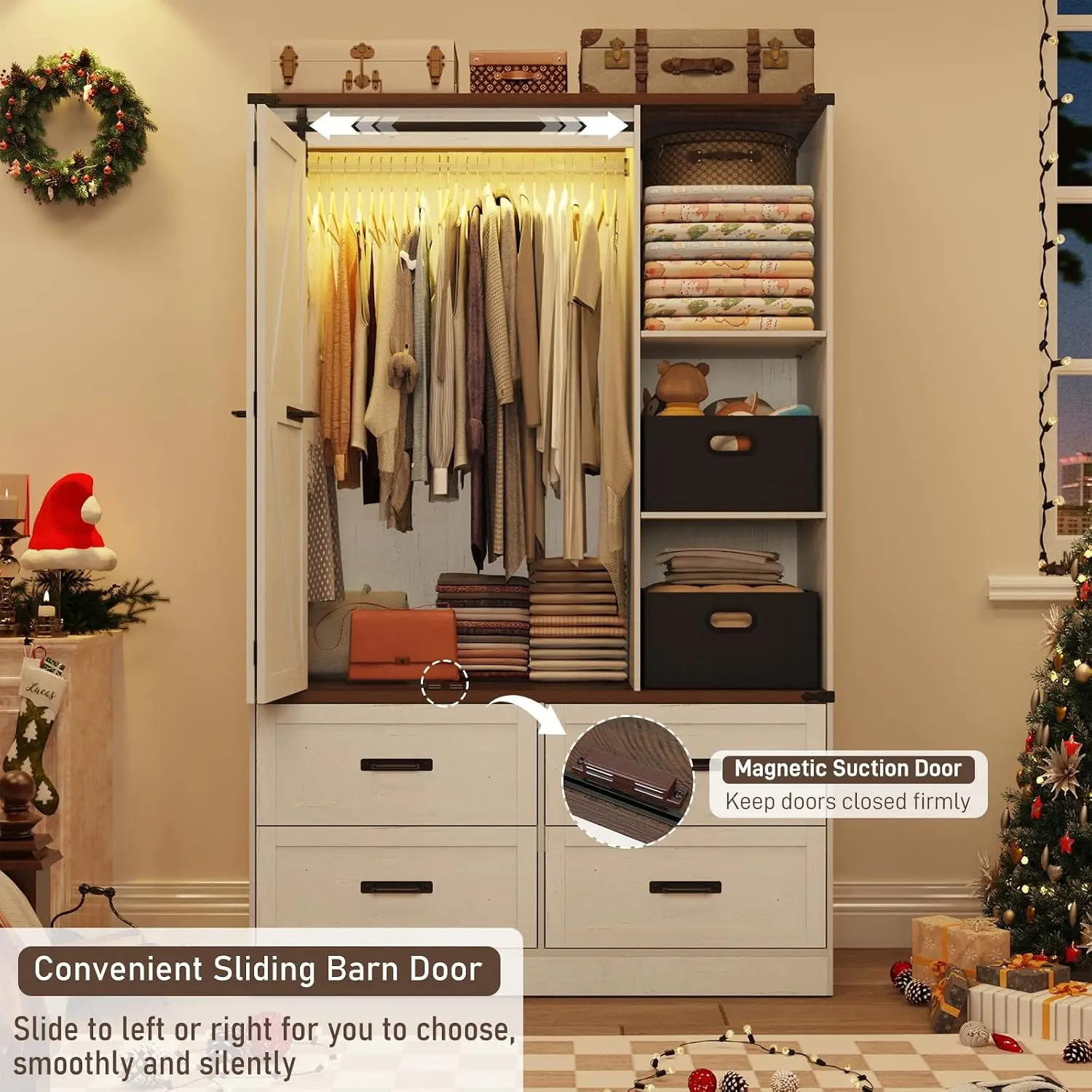 Farmhouse 3 Doors Armoire Wardrobe Closet w/Folding Sliding Barn Door and Lights, LED Armoire Closet w/Drawers for Bedroom