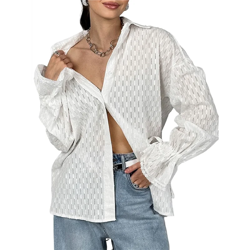 

AOAO-Long Sleeve Shirts For Women Western Shirts White Button Down Shirt Oversized Long Puff Sleeve Blouse Shirt