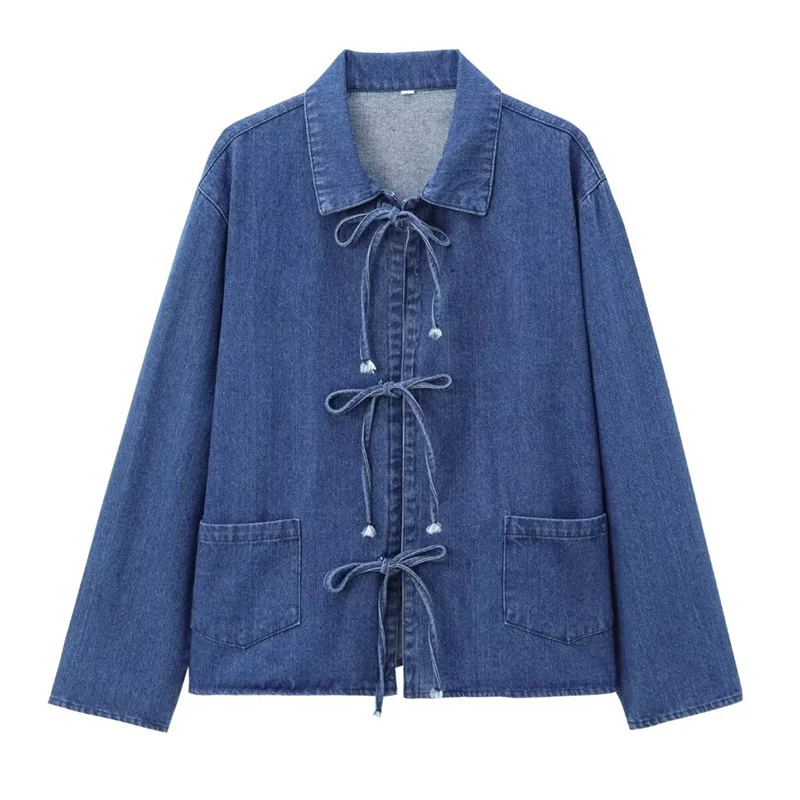 เสื้อแจ็คเก็ตยีนส์แขนยาวผูกเชือกสไตล์เกาหลีสำหรับผู้หญิง ฤดูใบไม้ผลิ ทรงหลวม ปกพับได้ เสื้อเชิ้ตยีนส์ผู้หญิง มีกระเป๋า สไตล์เรโทร สีน้ำเงิน เสื้อคลุมผู้หญิง