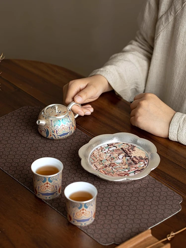 Gold and silver inlaid silver Dunhuang ceramic pot small set, retro tea pot, tea cup, high-end Kung Fu tea set