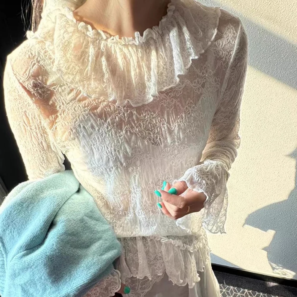 

2025 Fall/Winter New Western Ruffled Lapel Sweet INS Style Flared Sleeve Lace Shirt women clothing tops