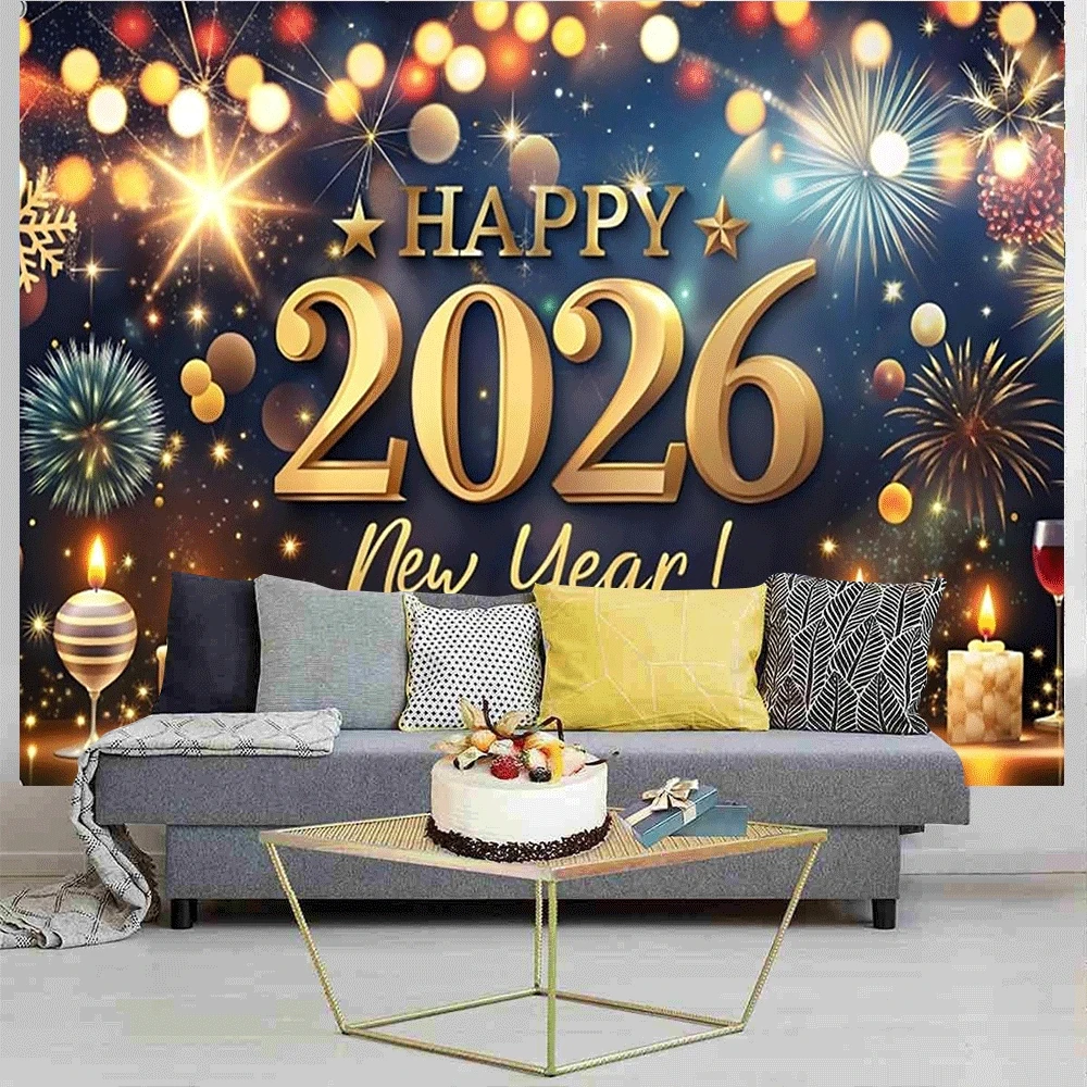 Large 2026 New Year Banner Wall Tapestry with Golden Sparkling Numbers  Wall Cloth Christmas Elevate Your Space non-toxic