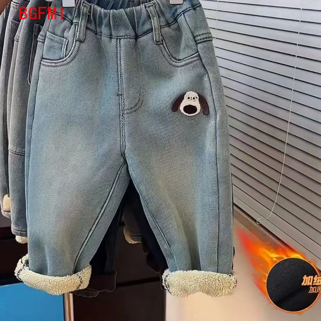 

2025 New Boys Leisure Jeans Winter Children Patch Thermal Cotton-padded Trousers Kids Thicken Plus Velvet Denim Pants 2-9Yrs boy