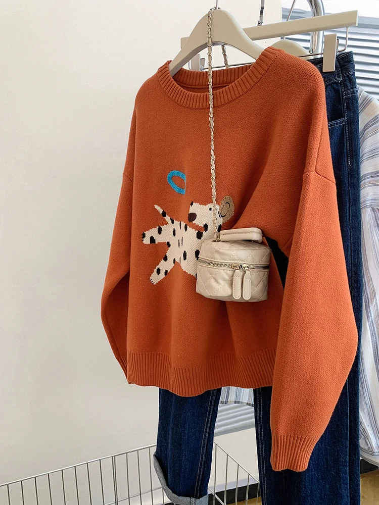 Harajuku Cartoon Puppy Knitted Pullover Autumn Winter Women Oversize Sweater Casual Thick Warm Sweet Kawaii Jumpers Sweater