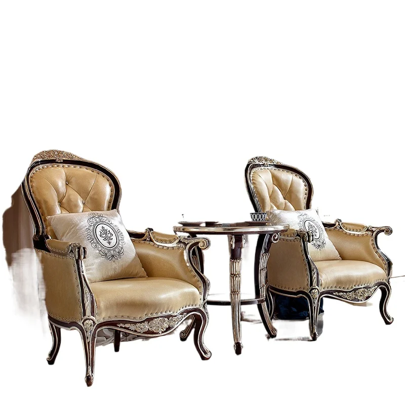 

European living room furniture large and small apartment types neoclassical single chairs solid wood leather lounge