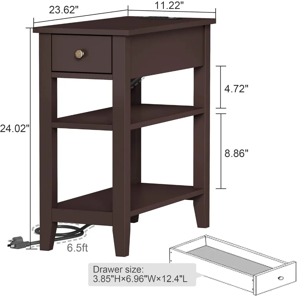 طاولة جانبية لمحطة الشحن لغرفة المعيشة مع منافذ USB ومنافذ طاقة ودرج مخفي وتخزين من 3 طبقات #3