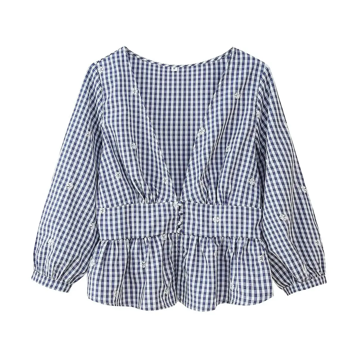 

Zevity New Women Fashion V Neck Floral Embroidery Plaid Smock Blouse Female Chic Hem Pleats Casual Shirt Blusas Crop Tops LS9170