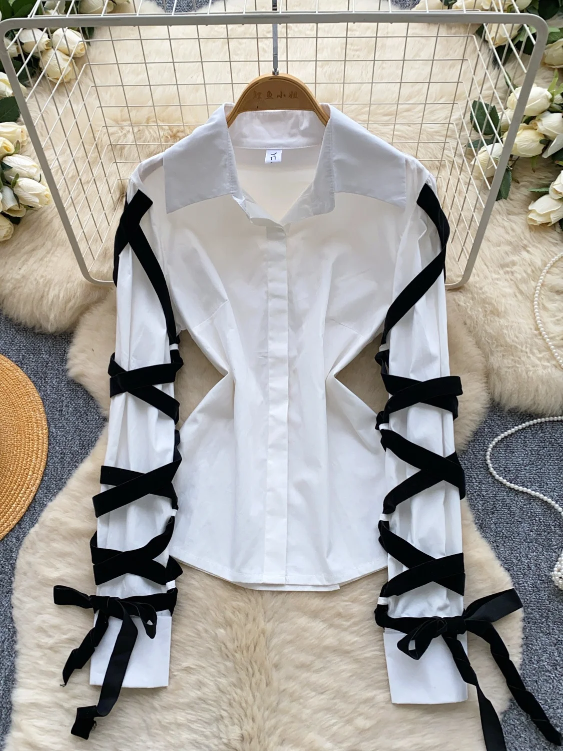 Korean Style Cross Tie Design Women's Long Sleeve Shirt Spring Loose Commute White Top Slimming Versatile Female Fashion