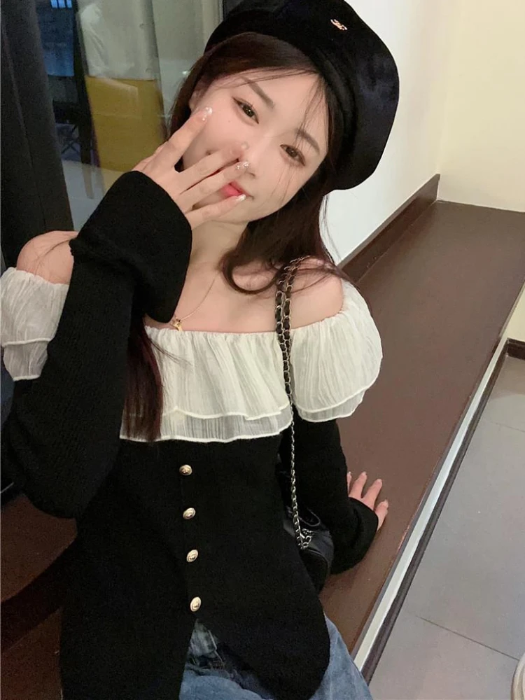 Slash Neck Pullovers Women Sweet Ruffles Off-shoulder Sweater Hotsweet Spring Gentle Feminine Sexy Knit Korean Fashion Clothing