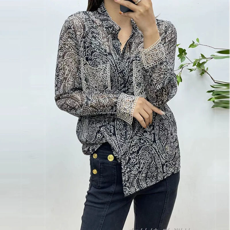 European and American Style Spring and Summer New Style Stand Collar Single Breasted Cashew Nut Print Casual Embroidered Pocket