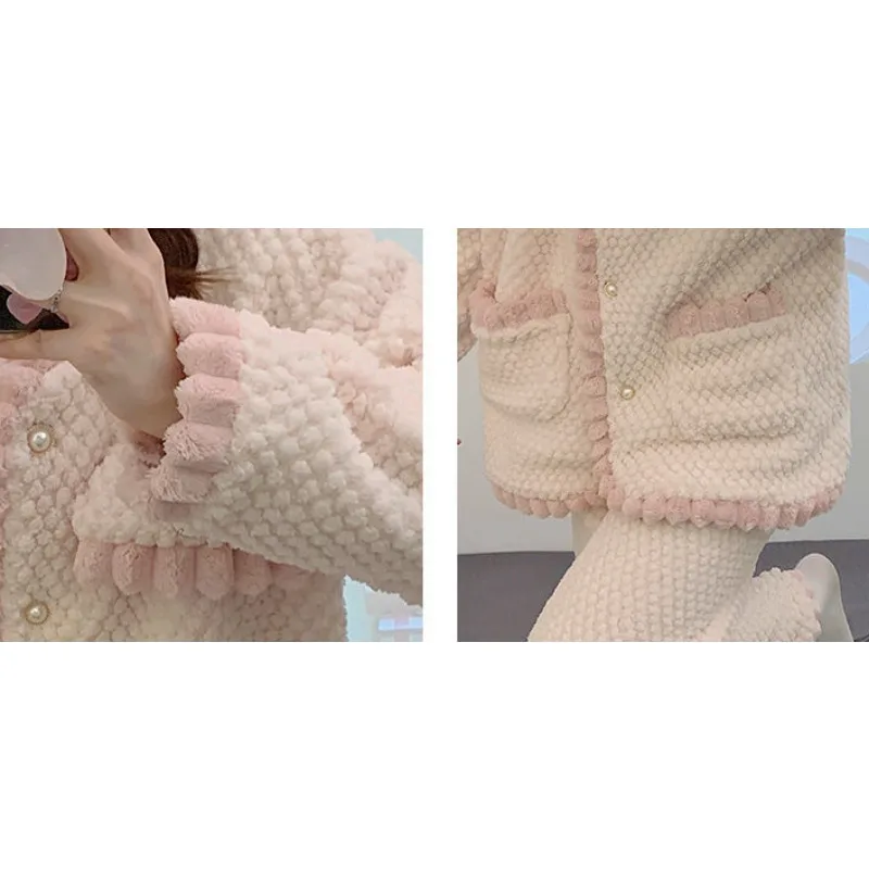 2024 New Pajamas Female Coral Velvet Thickened Sleepwear Autumn Winter Flannel Sweet Student Homewear Fleece Warm Loungewear Set
