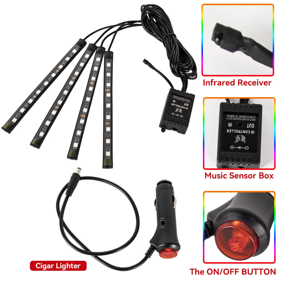 RGB Automotive Atmosphäre Dekorative Lampe Led Innen Licht Streifen Auto Fuß Umgebungs Lichter mit USB Zigarette mit Fernbedienung Stimme – Detail 5