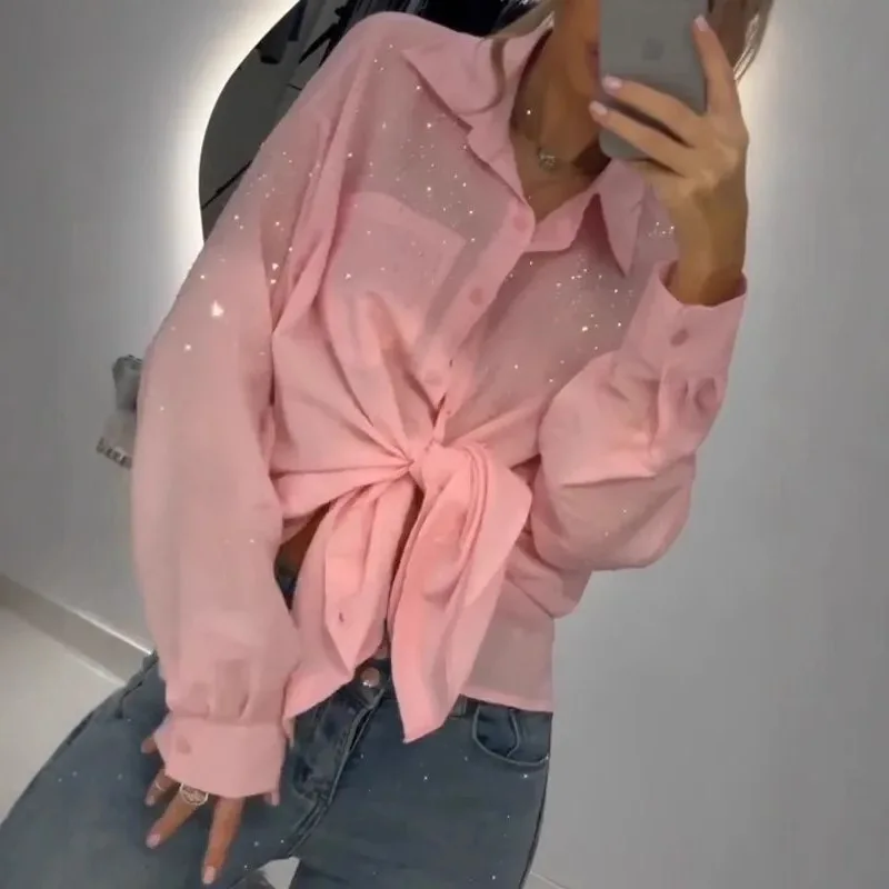 

iny Sequin Loose Fitting Thin irt Women's Open Cardigan Sle Casual Summer Long Sve Collar Regular Length Single...