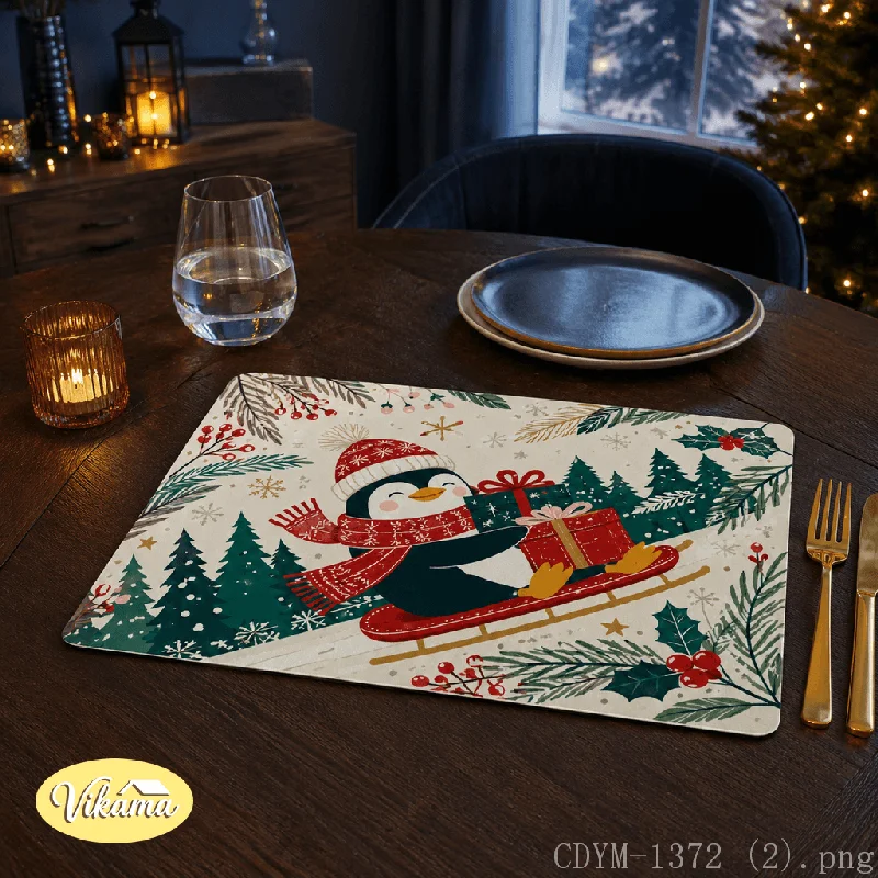 VIKAMA Christmas Placemat Penguin Gift Box Print, Waterproof Oil-Proof Heat-Resistant Non-Slip Holiday Table Mat