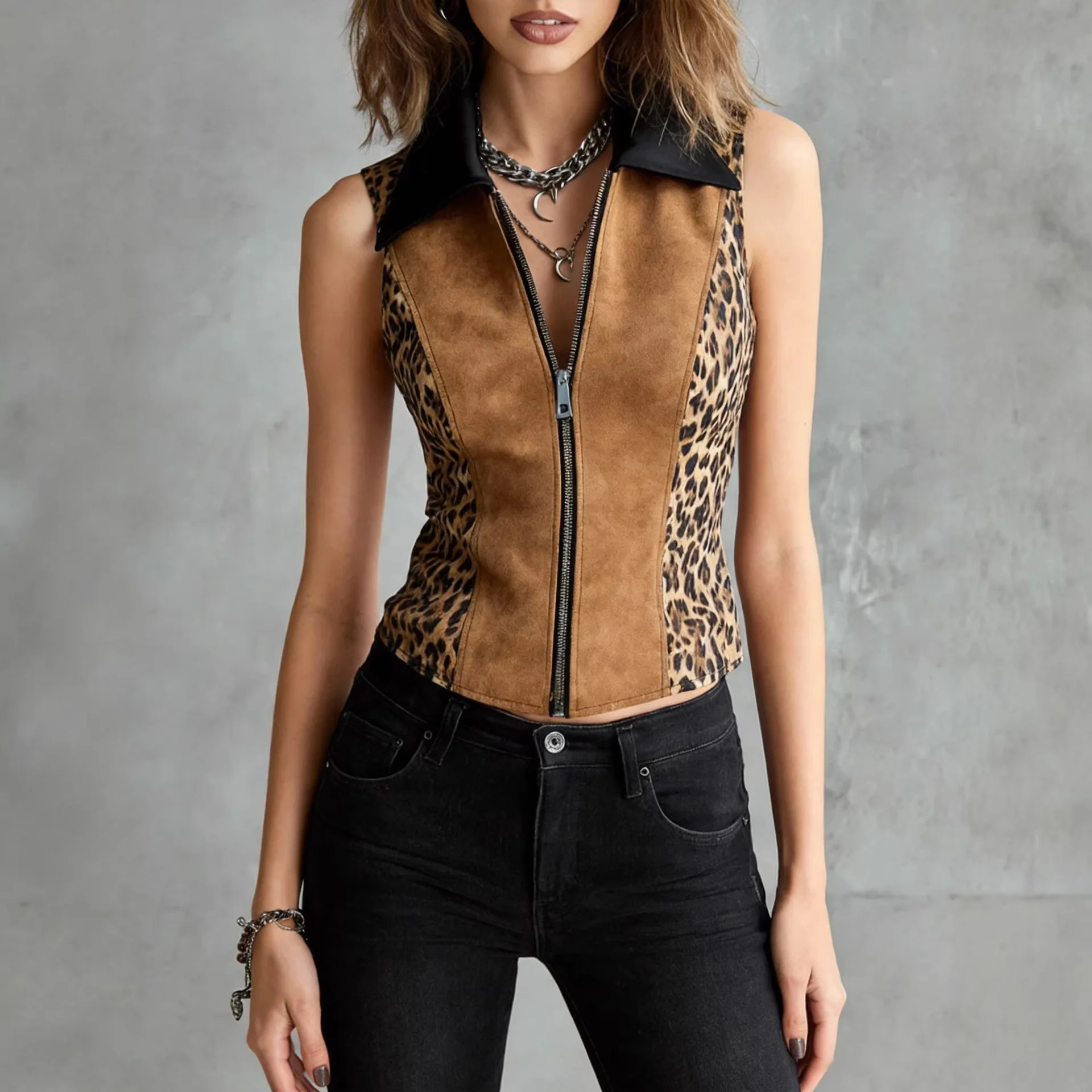 

Women's Leopard Print Faux Suede Vest Sleeveless Lapel Collar Zip-up Slim Fit Waistcoat Casual Punk Streetwear Tops Outfit