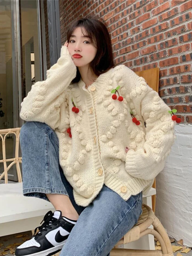 ZOKI Cute Strawberry Women Cardigan Sweater Oversize Winter Loose Fashion V Neck Hand 3D Knit Ladies Jumper Casual Female Coat