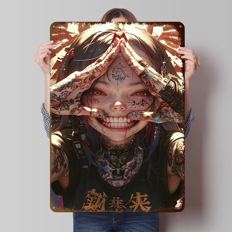 Cyberpunk Anime Mädchen Gedrucktes Poster Individualisierte Wandkunst Retro Vintage Metallschilder für Raumdekoration Gamer-Dekoration Zuhause