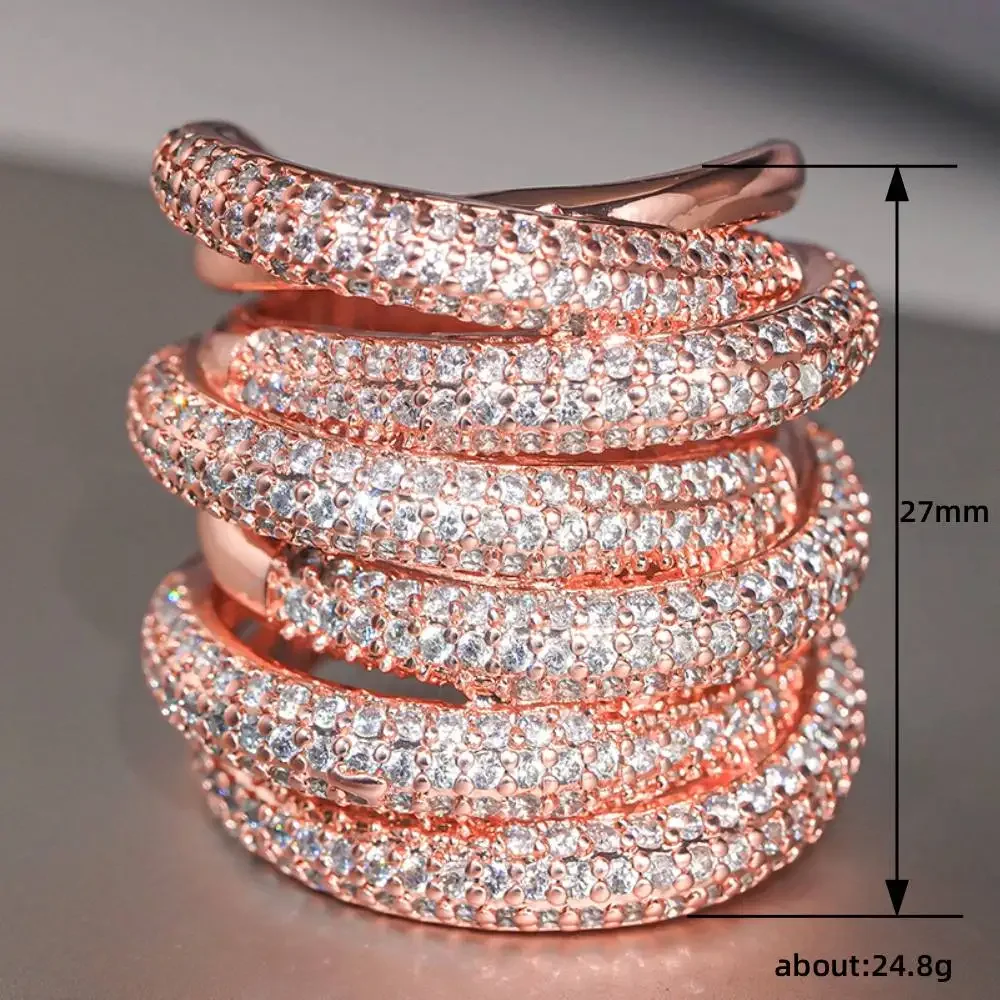 Huitan Mehrschichtiger Damenring in Roségoldfarbe mit glänzendem Zirkonia, Party-Statement-Accessoires für Hochzeit, schicker Schmuck – Detail 1