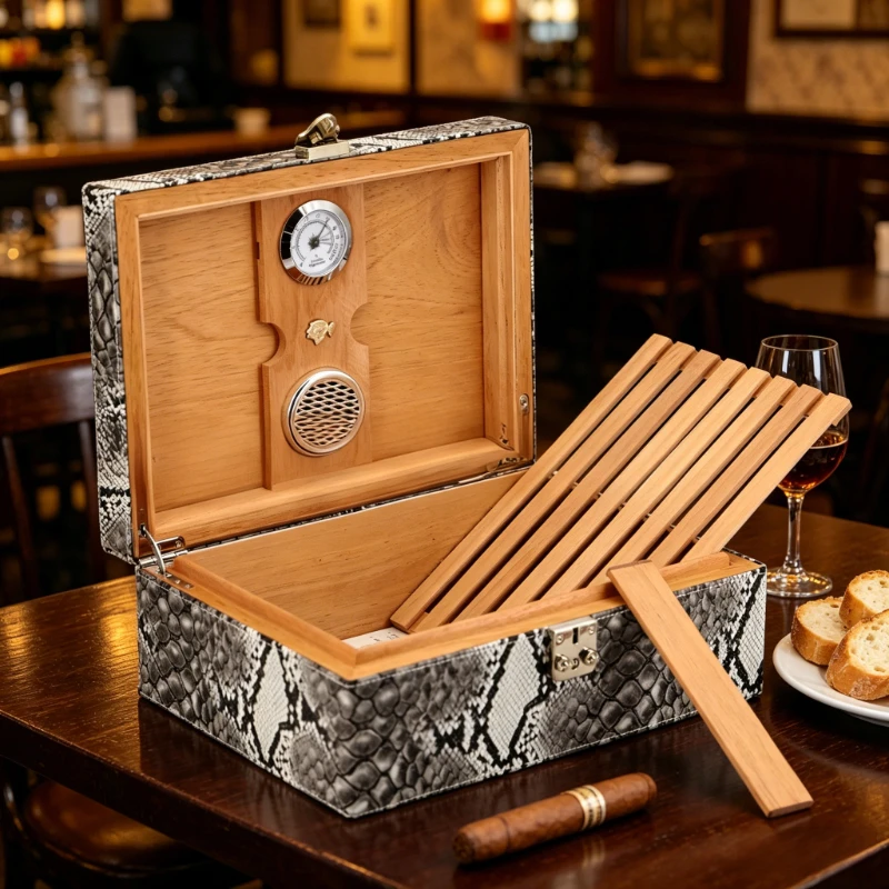 

Snakeskin Humidor Holds 30 Cigars 29-57 Ring Gauge, Humidifier Hygrometer Aging Festive Gift