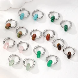 Multicolor Natural Stone Hoop Earring Women Gift Stainless Steel Punk Retro Round Opal Bead Circle Earring Wedding Party Jewelry