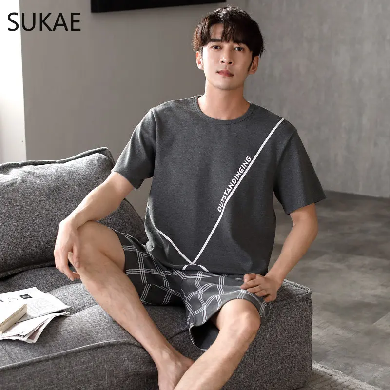 SUKAE L-4XL Summer Shorts for Men Cotton Sleepwear Soccer Printing Pajamas Set Causal Pyjama Boy Loungewear Leisure Male Pijamas