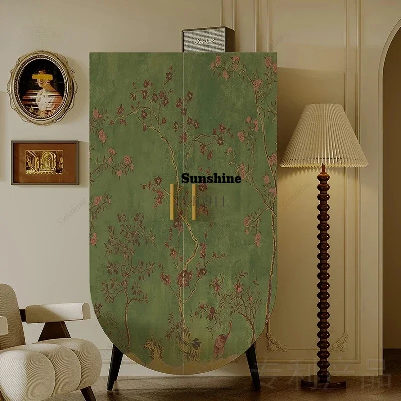 

American retro style light luxury solid wood large wardrobe green flower opposite door storage cabinet