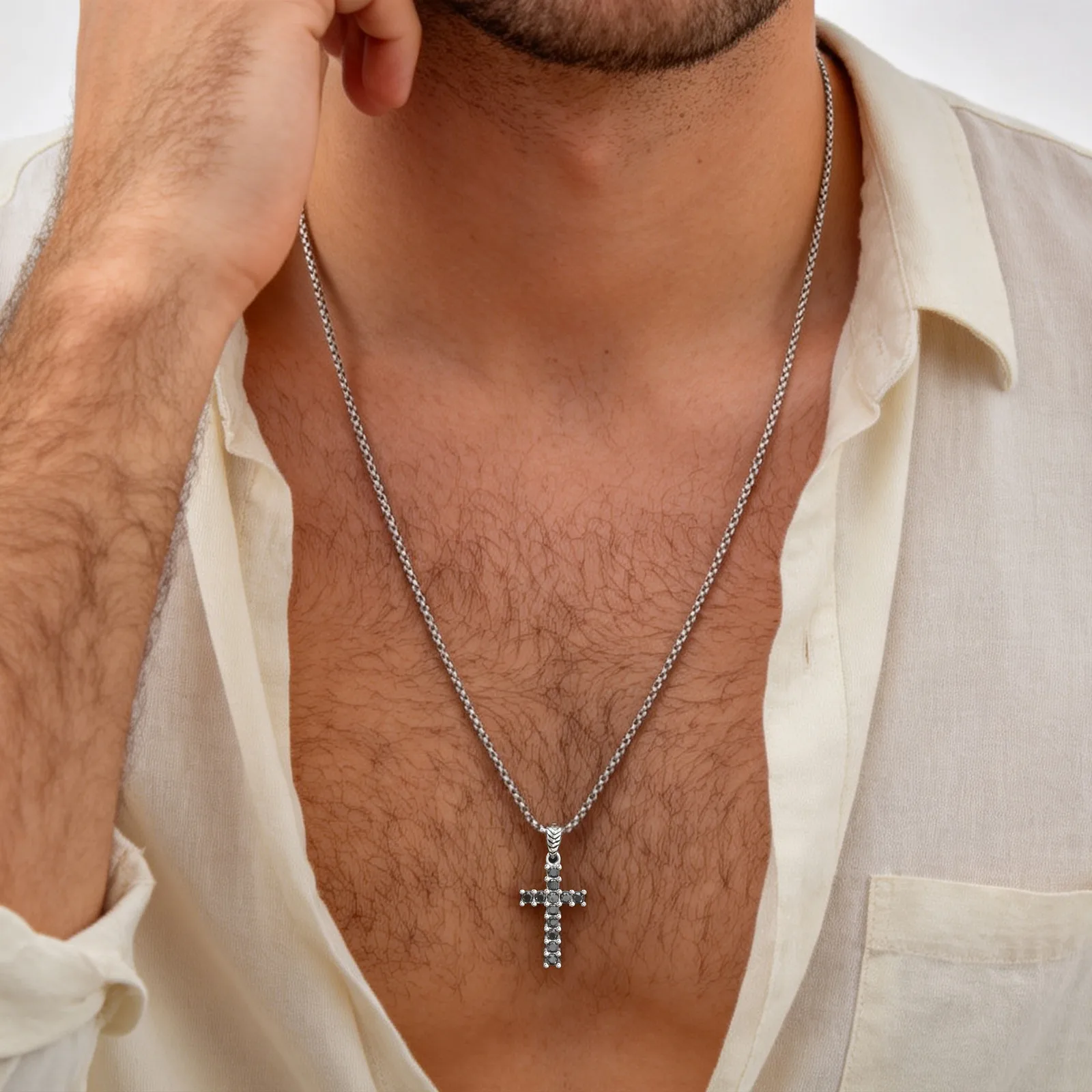 Hip-Hop Herren-Kreuzkette, Schwarze AAA Kubikzirkonia Edelstahl-Kreuzanhänger-Halskette, Geburtstagsgeschenk Männerschmuck – Detail 7