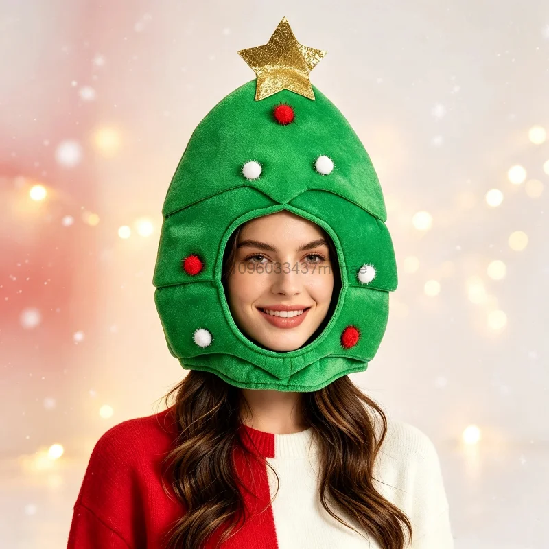 Christmas Tree Hat for Unisex Plush Xmas Tree Headwear with Golden Star Pom Pom Funny Christmas Party Cosplay Costume Headpiece