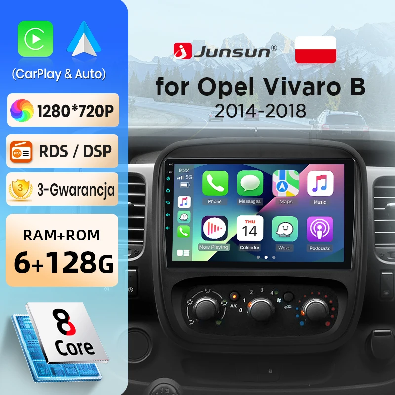 Autoradio sans fil Junsun CarPlay Android Auto pour Opel Vivaro B 2014-2018, systèmes intelligents DSP SWC RDS GPS FM BT