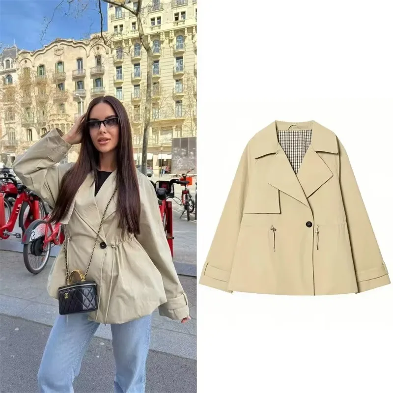

Khaki Short Single-Breasted Trench Coat Adjustable Drawstring Waist Plaid Lined Loose Casual Spring Autumn Jacket