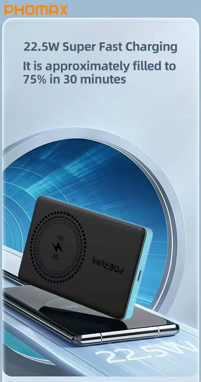 

PHOMAX NEW Wholesale Custom Logo Light Thin Slim Design 10000mah Magnetic Wireless Power Banks Fast Charging Pd22.5w Type-C