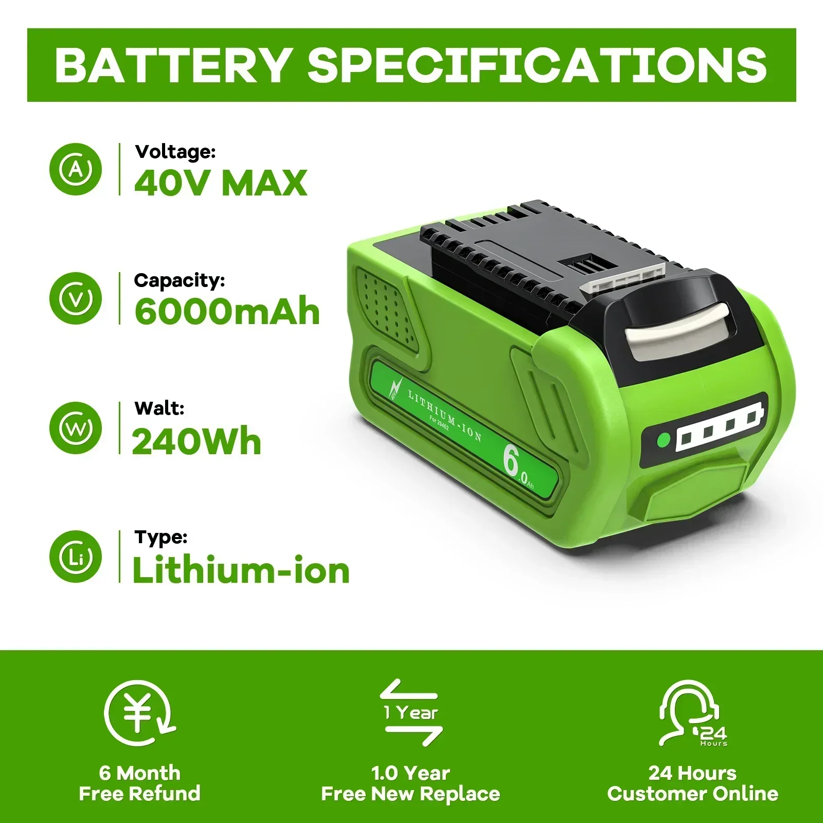 Bateria Recarregável para Greenworks, Ferramentas Elétricas, 29462, 40V, 6000mAh, 29472, 29282