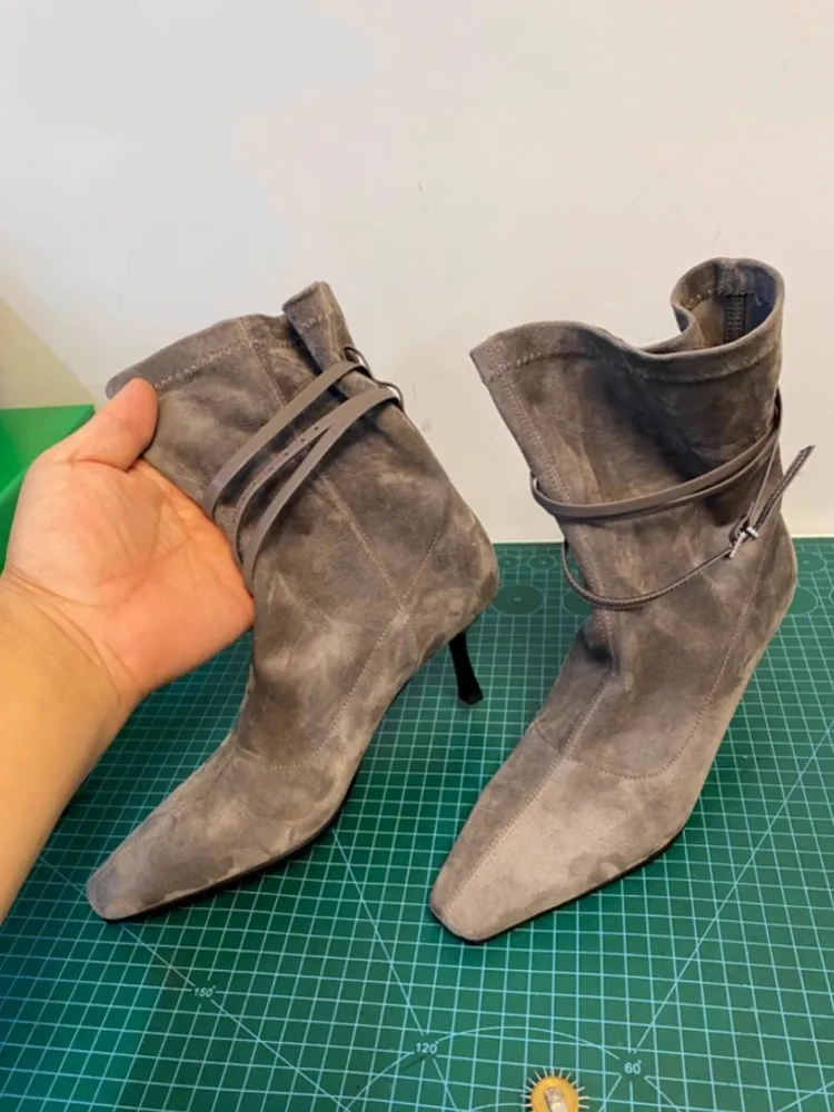 Fashion Handmade Lady Cow Suede Leather Zipper Comfortable Square Toe High Heels Versatile Female Office Ankle Boots Footwear