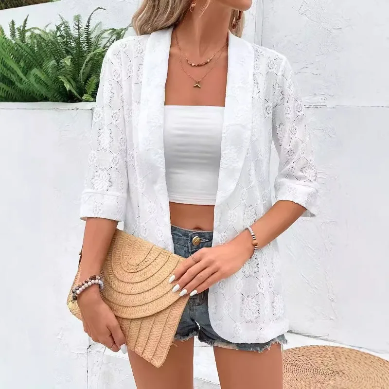 Novo elegante cor sólida renda manga 7 quartos lapela casual terno casaco feminino europa américa na primavera é elegante individual