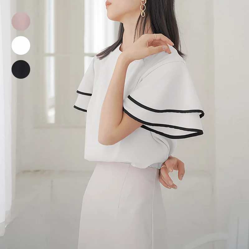 Lotte منتج جديد 3 ألوان لوتس ليف كم بلوزة شيفون للنساء الطازجة وأنيقة فضفاضة الحد الأدنى نمط قميص نسائي #3