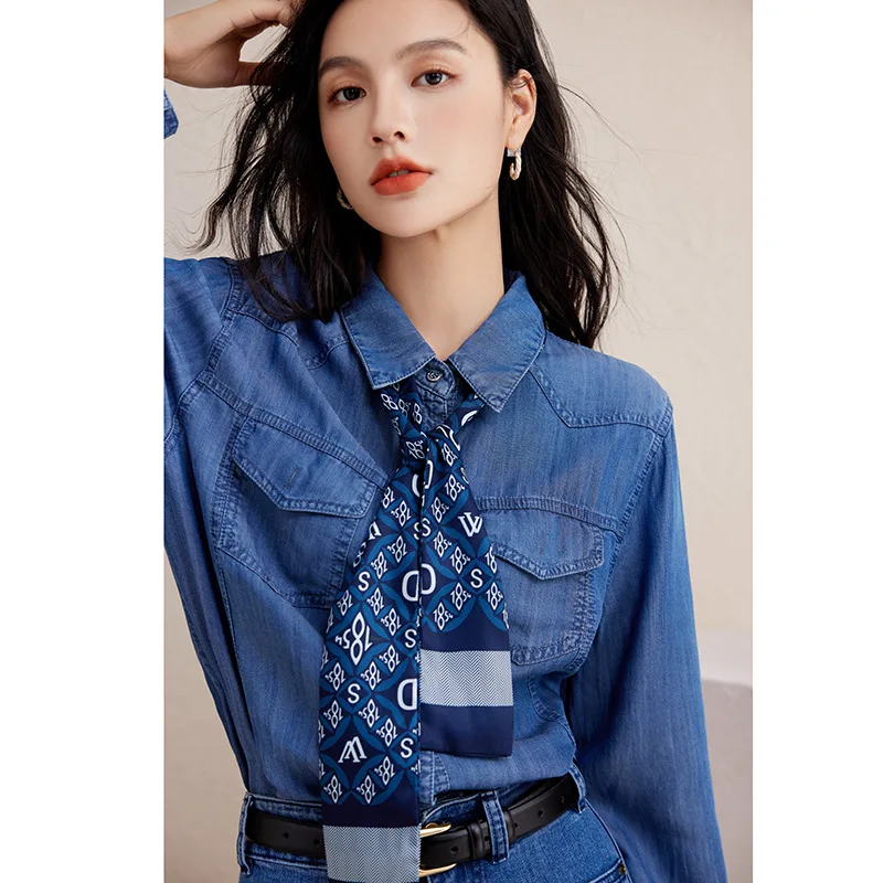 Mùa Xuân Và Mùa Thu Mới Denim Thời Trang Áo Sơ Mi Nữ Túi Thiết Kế Cổ Áo Kadin Bluzlari Áo Kiểu Nữ Thời Trang 2022