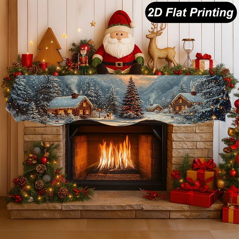 VIKAMA Christmas Winter Fireplace Mantel Scarf Snowy Cabin Pine Deer Mantel Topper Xmas Season Home Fireplace Decoration