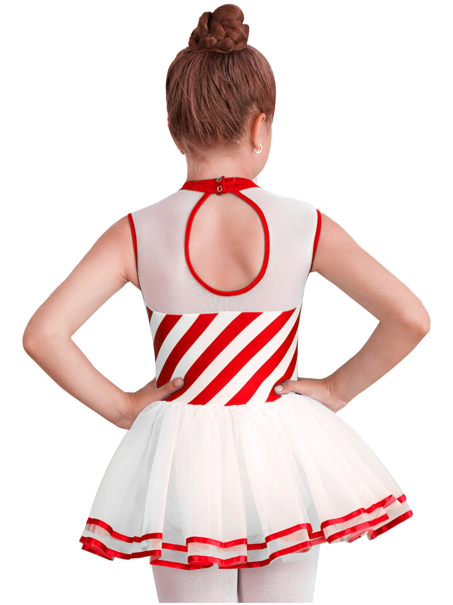 Kids Girls Christmas Candy Cane Striped Dress Up Jumpsuit Xmas Leotard Dress Mesh Tutu Skirt Lyrical Dance Costumes for Cosplay