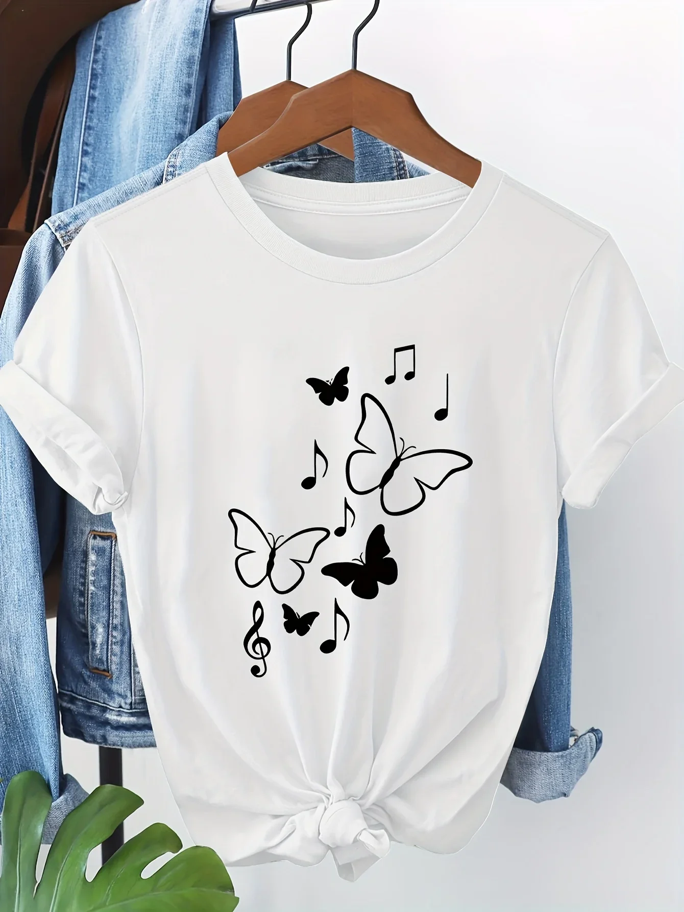 

Женская повседневная футболка с круглым вырезом и короткими рукавами с музыкальным принтом бабочки, мягкий топ обычного кроя, рубашка с бабочкой, эстетичная одежда
