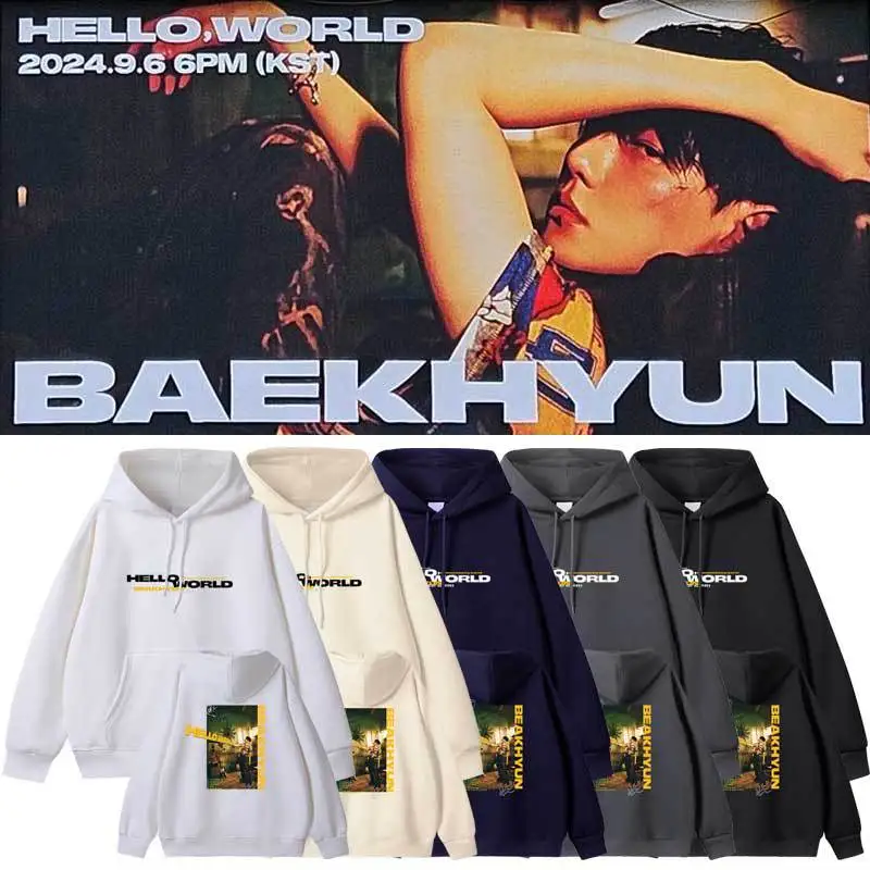 BAEK HYUN Hello World Hoodies Kpop Fashion Women Men Loose Hooded Sweatshirt Autumn Warm Pullovers Korean Popular Letter Hoodie