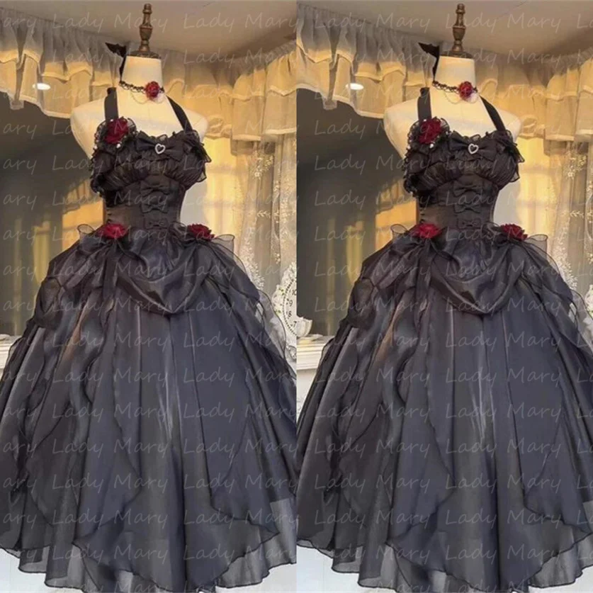 Customized Lolita Black Prom Dresses Gothic Bow Girl Formal Cosplay Party Gowns Halter Neck Vestido De Noche Birthday Robe