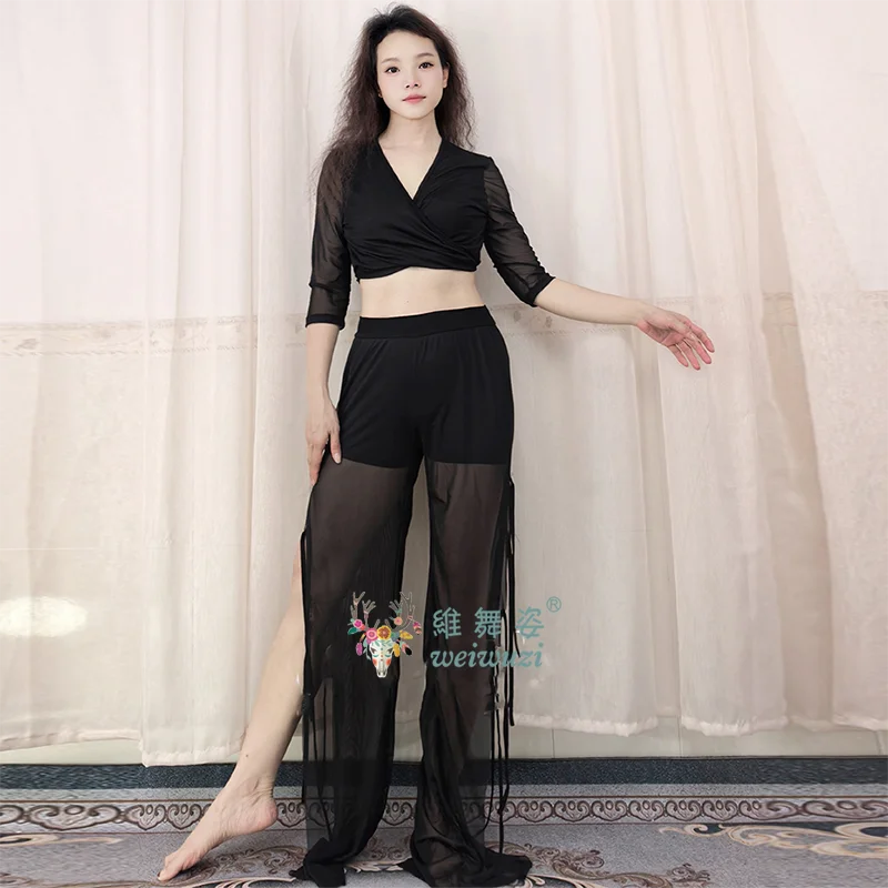 Bauchtanz-Kostümset für Damen, sexy Mesh-Oberteil mit V-Ausschnitt + Quastenhose, 2-teilig, orientalische Volkstanzgruppe, professionelle Trainingskleidung – Detail 8