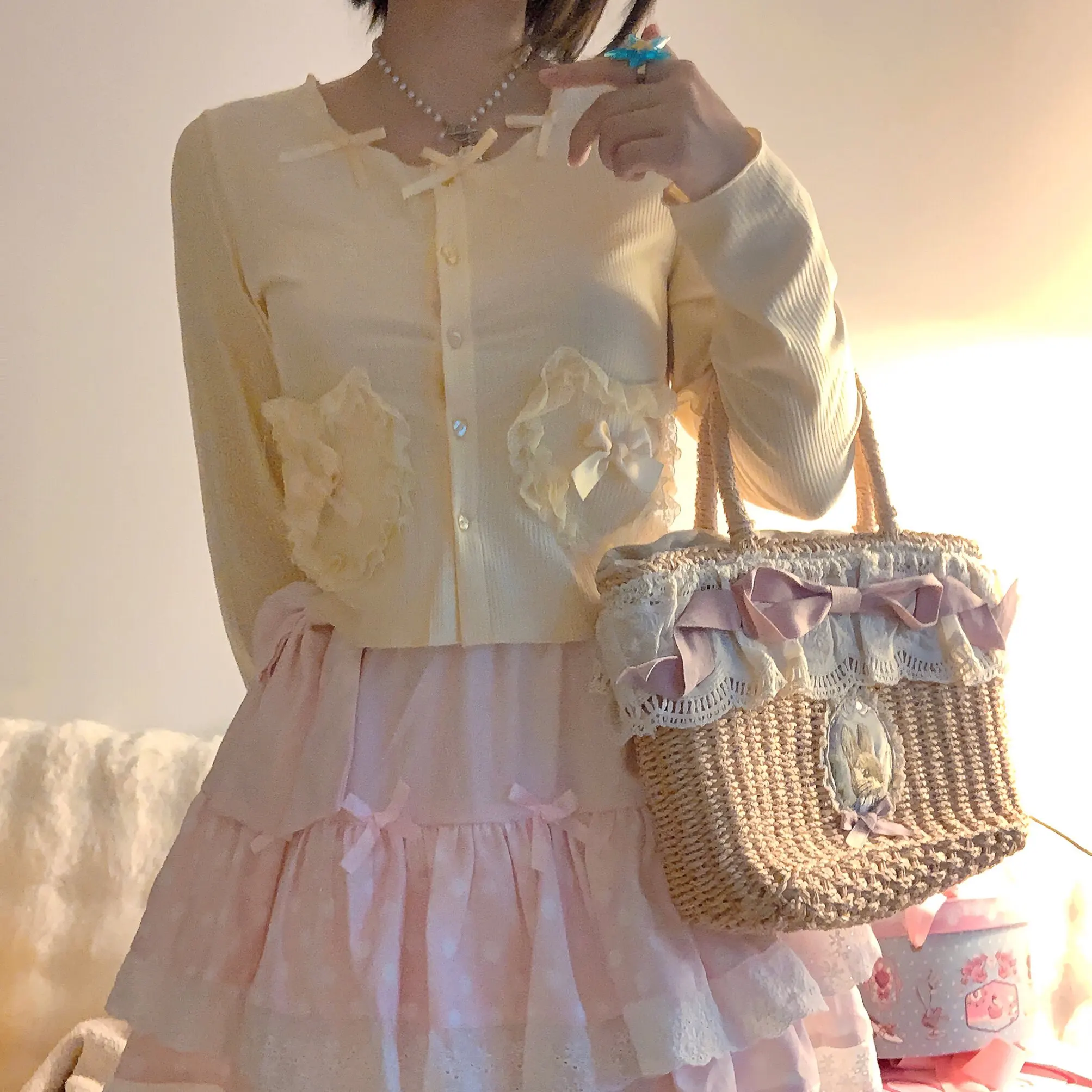 Women's Kawaii Bow Decorated Knit Top Sweet Ribbed Cardigan with Heart Button 5-color Small Cardigan Lolita Knitted Small Coat