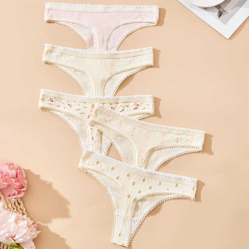 5PCS/set Cotton Cute Underwear Thongs Women G Strings Sexy Clothes for Girls Hot Bow Tie Sweet Intimates Chic Elastic Pantie