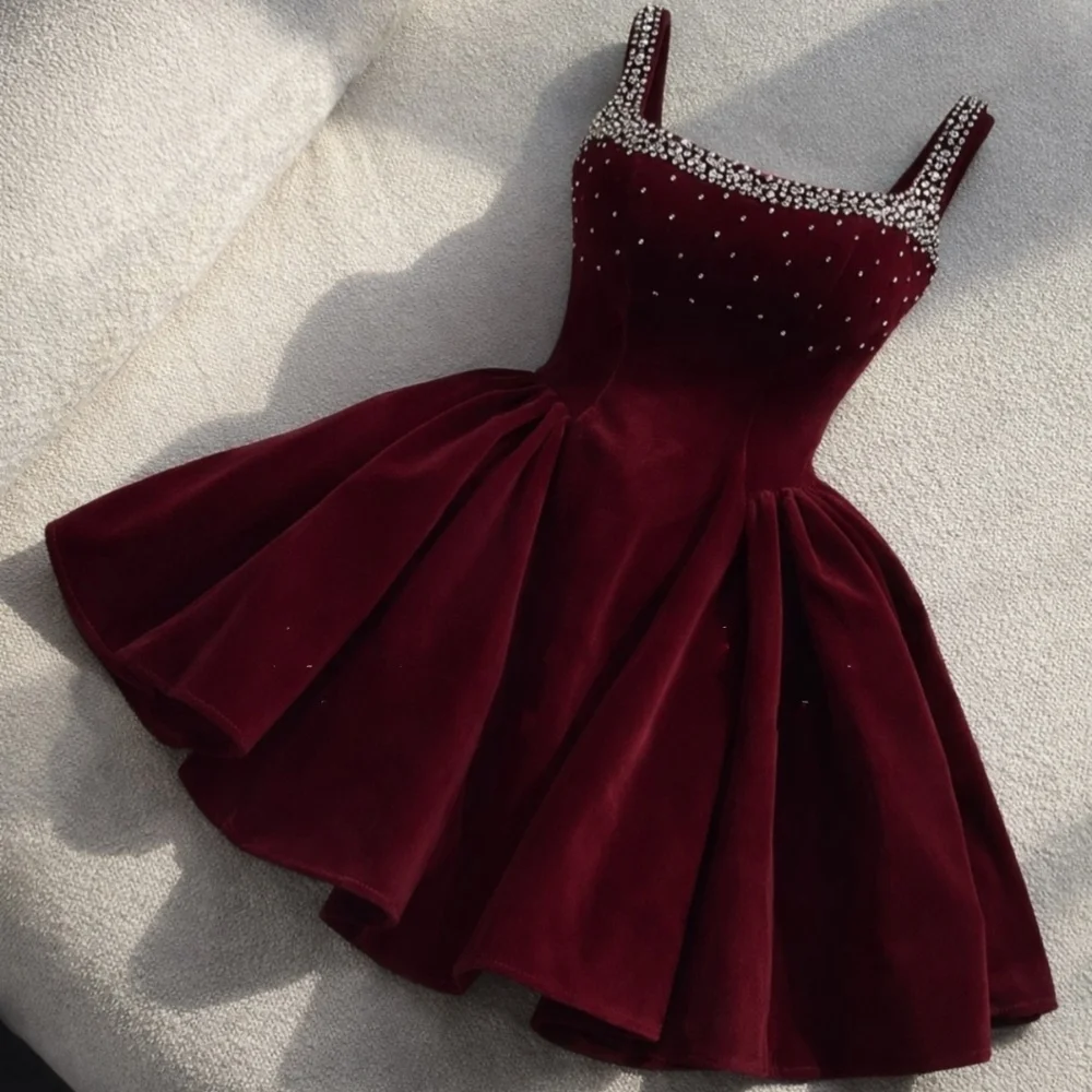 

Customized Burgundy Sexy Pastrol Velour Pleat Rhinestone A-line Square Neck Short Dresses Evening Dresses for Woman High Quality