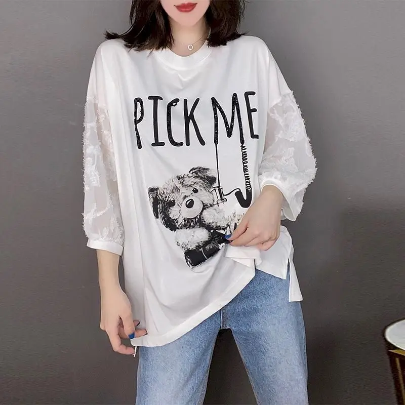 T-shirt in cotone T-shirt patchwork di design alla moda da donna T-shirt casual allentata con maniche a tre quarti 2024 T-shirt estetica di tendenza estiva